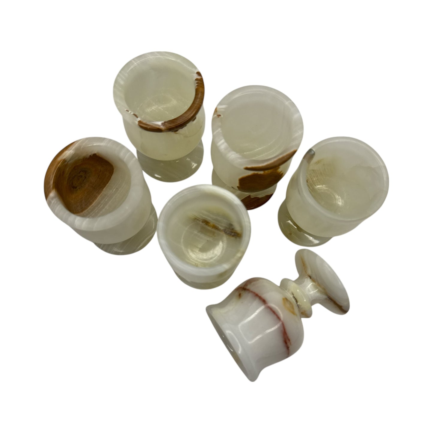 Actual Product Image - Set of white stone cups with brown inclusions on a white background