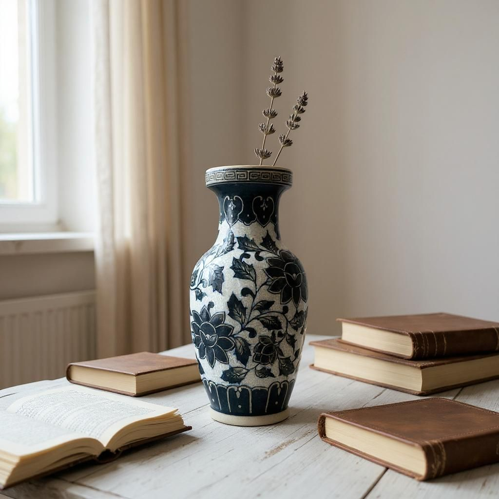 Vintage Stoneware Sgraffito Floral Blue & White Vase