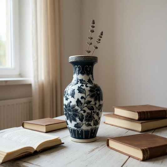 Vintage Stoneware Sgraffito Floral Blue & White Vase