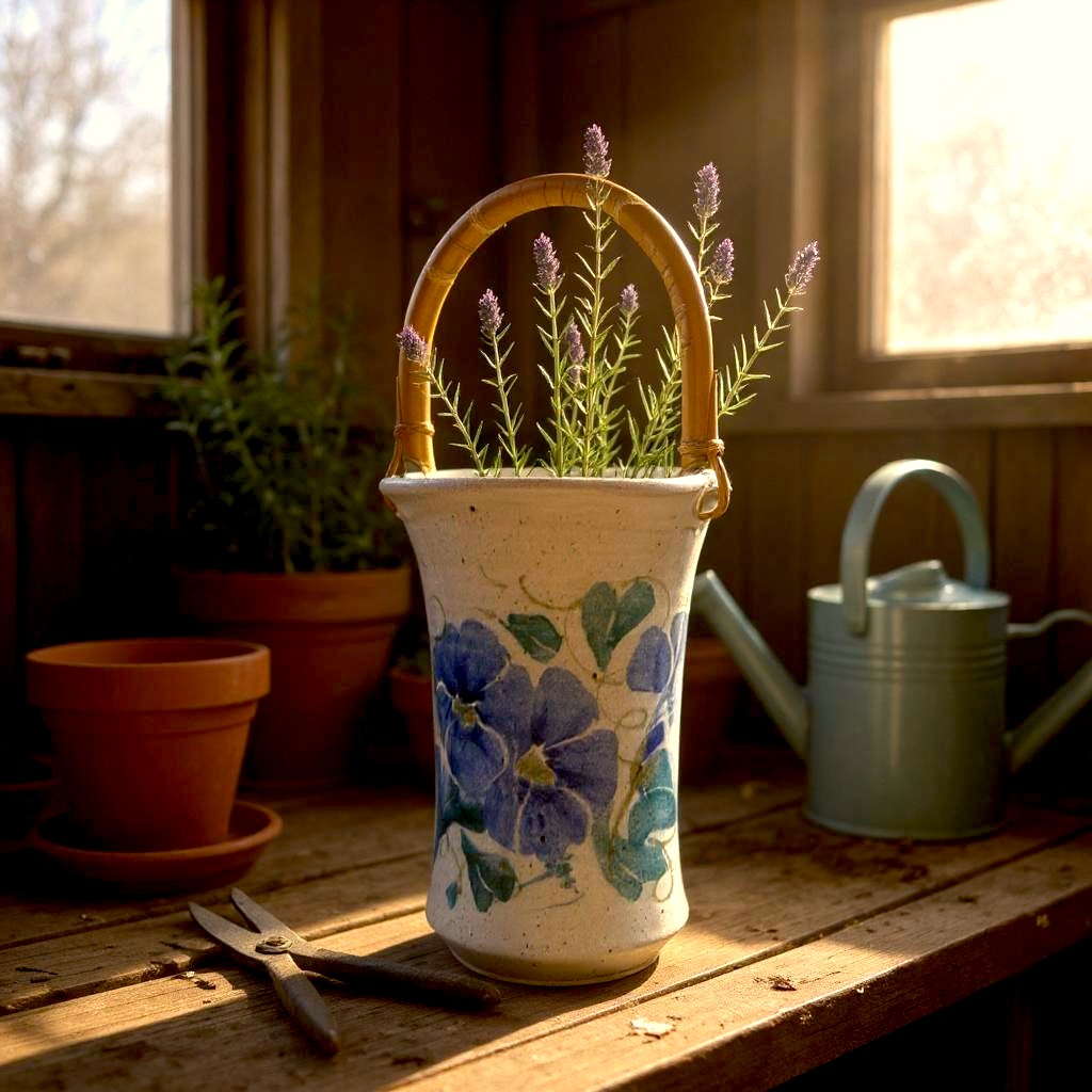 Chatham Pottery Blue Morning Glory Wine Caddy Vase with Bamboo Handle