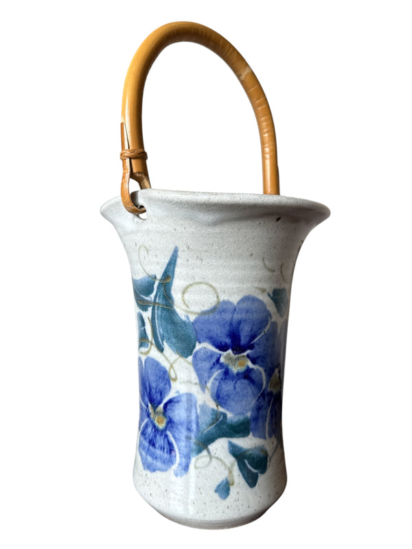 Actual Product Image - Ceramic vase with blue floral design and wooden handle on a white background