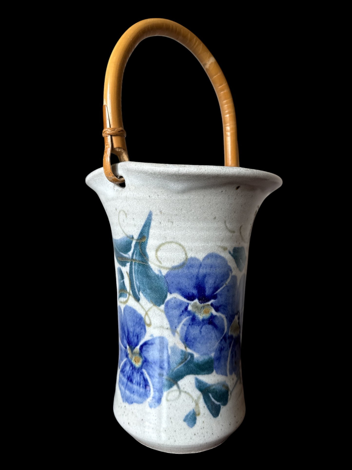 Actual Product Image - Ceramic vase with floral design and wooden handle on a black background