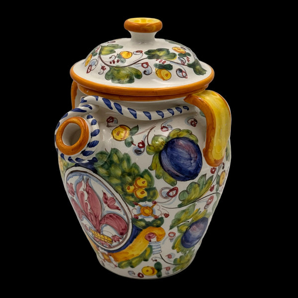 Handpainted Italian ceramic pitcher with lemon cello design, dual handles, matching lid, and clear glaze.