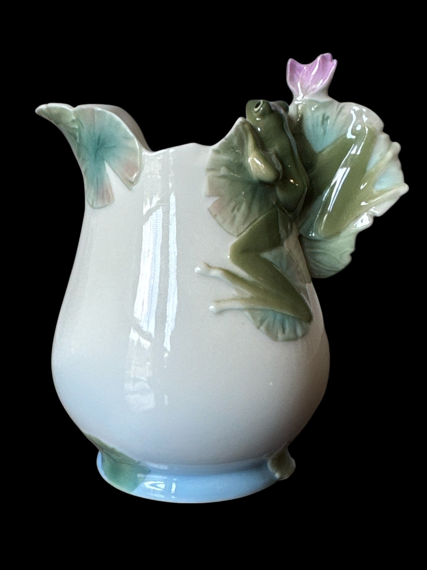 Actual Product Image - Ceramic creamer with frog and lily pad design on a black background
