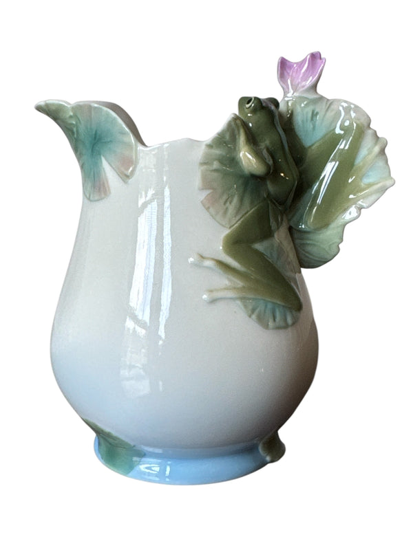 Actual Product Image - Ceramic creamer with floral and frog design on a white background