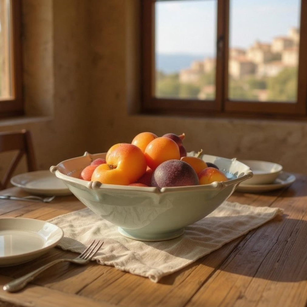 Fruit bowl on a wooden table with a scenic view through a window.