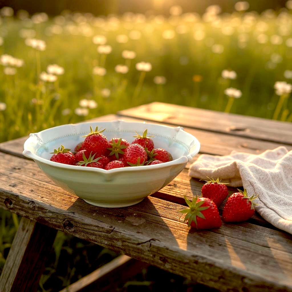 Bowl of strawberries on a wooden table with a natural background