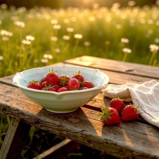 Bowl of strawberries on a wooden table with a natural background