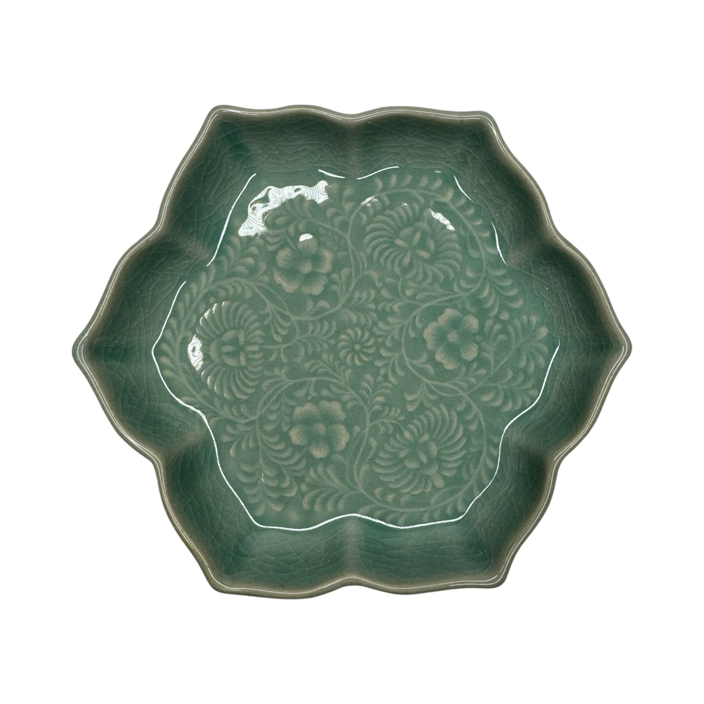Actual Product Image - Green ceramic plate with floral patterns on a white background