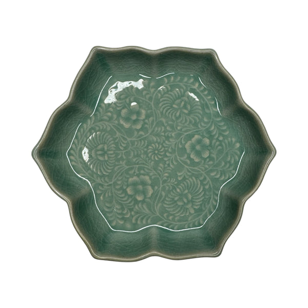 Actual Product Image - Green ceramic plate with floral patterns on a white background