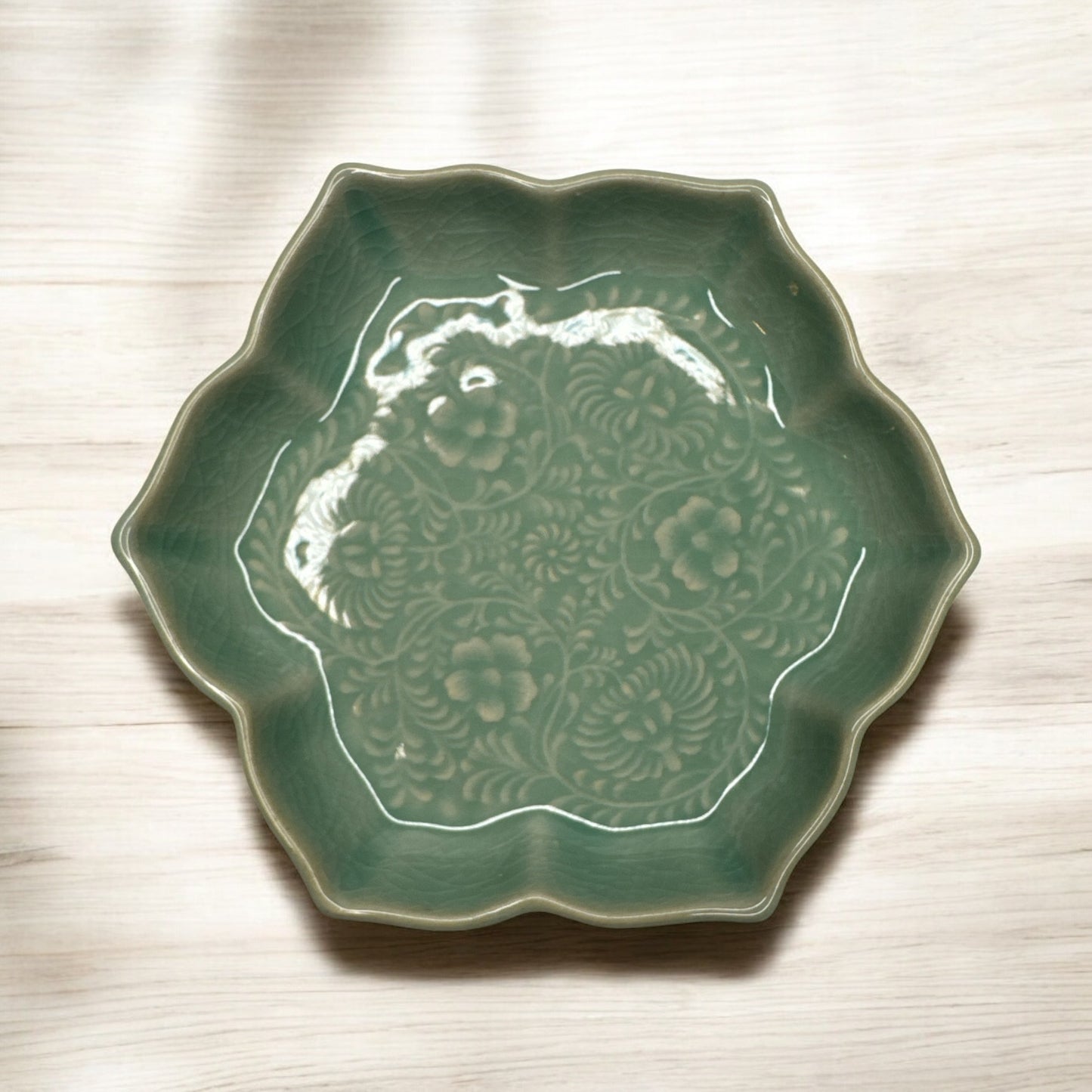 Actual Product Image - Green ceramic plate with floral patterns on a light wooden surface