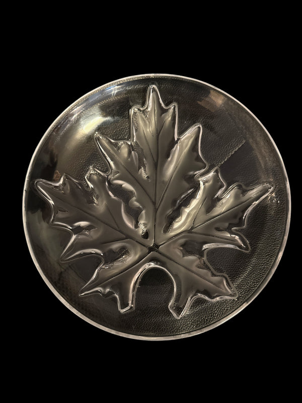 Actual Product Image - Silver belt buckle with a maple leaf design on a black background
