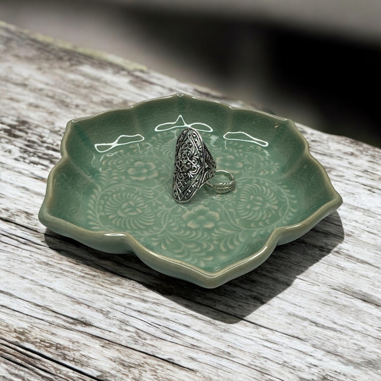 Kotobuki Floral Petal Dish Teal Lotus Flower 3.75"